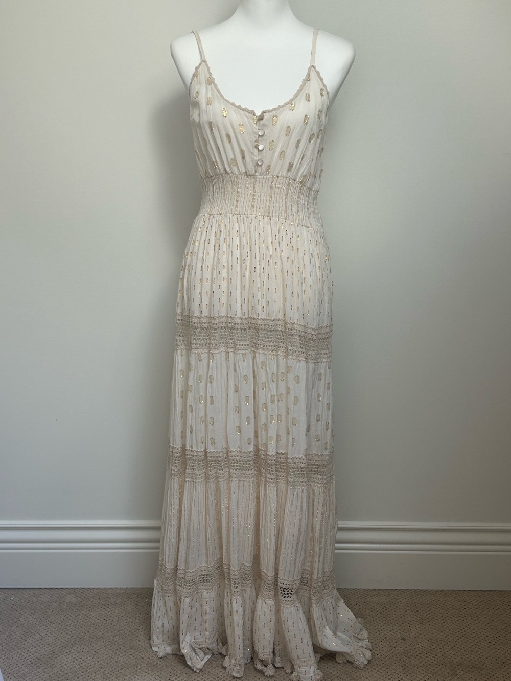 100% COTTON Spaghetti-Strap Maxi GODDESS Dress with Gold Detail
